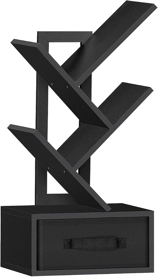 SHEEPAM Small Book Shelf with Drawer,4 Tier Black Tree Bookshelf,Wooden Desktop Bookcase,Modern Desk Display Storage Bookshelves,Floor Standing Organizer Bookcases for Living Room,Bedroom,Office