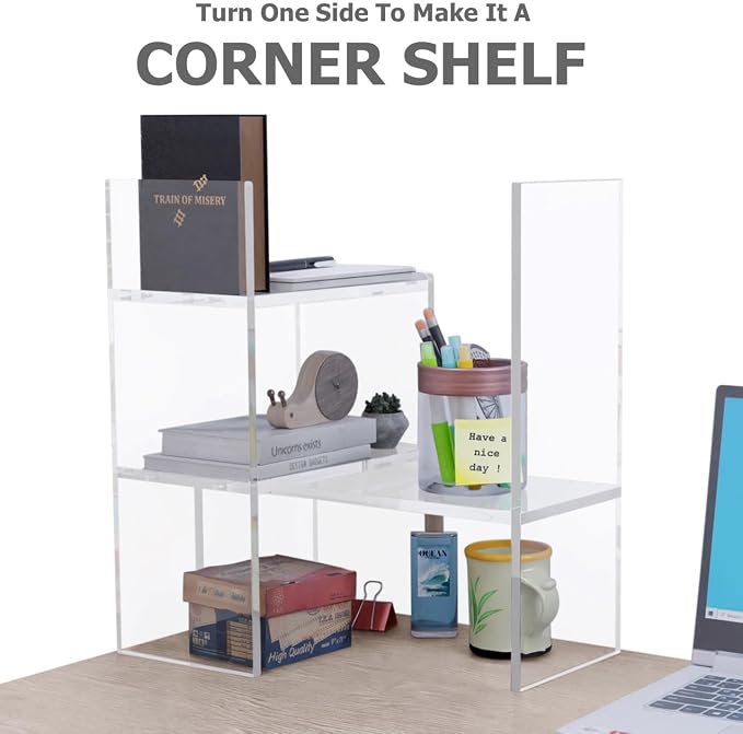 My Space Organizers Adjustable Acrylic Desk Shelf for Top of Desk: Clear Desktop Shelf, Premium Desktop Bookshelf Organizer, Office Table Book Shelves