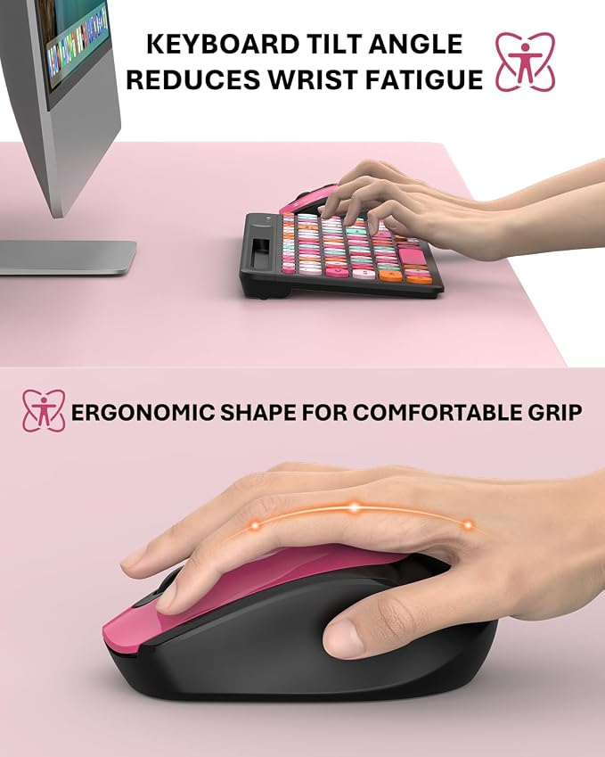 Colorful Wireless Keyboard and Mouse Combo - Round Keycaps, 2.4GHz Retro Typewriter Keyboard with Number Pad, Cute Compact USB Keyboard and Mouse for Computer PC Desktop Laptop (Pink & Black Colorful)