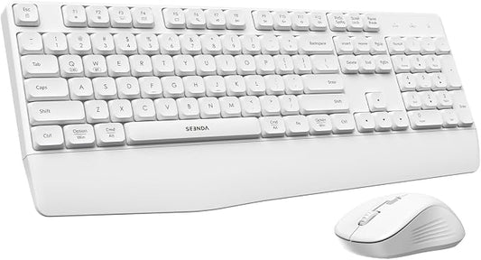 seenda Wireless Bluetooth Keyboard Mouse Combo, COE200 Ergonomic Keyboard with Wrist Rest, Silent Mouse, Multi-Device Connection, Full-Size Compatible for Windows PC Laptop Mac MacBook, White