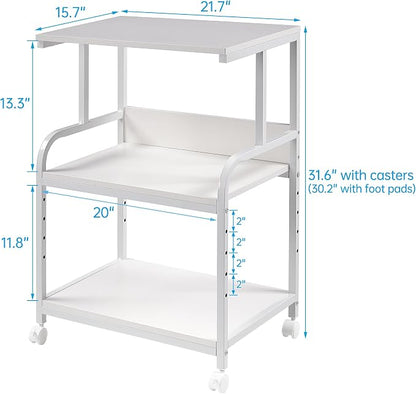 Fannova White Printer Stand with Storage, 3 Tier Printer Table with Height Adjustable Shelf, Rolling Printer Cart with Wheels for Home Office Organization