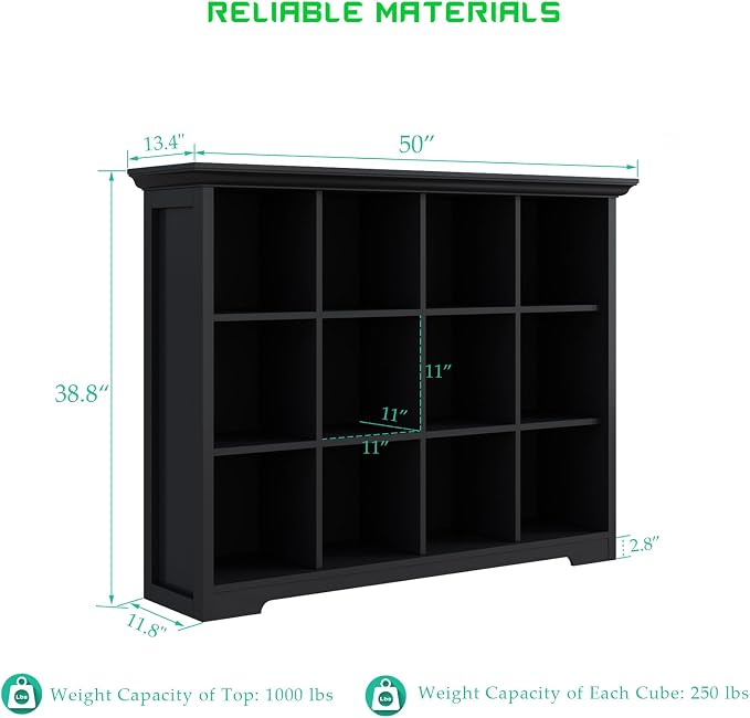 OSCHF Cube Storage Bookcase with Base - Wooden 3 Tiers Floor Standing Open Shelf Cabinet for Home and Office, 12-Cube Lattice Bookshelf, Black