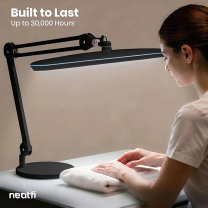 Neatfi XL 24W LED Desk Lamp – 2,200 Lumens | 23” Wide Shade | Dimmable Eye-Caring Task Light | Adjustable Arm | Office, Study, Crafting & Nail Techs (Black, Non-CCT with Base)
