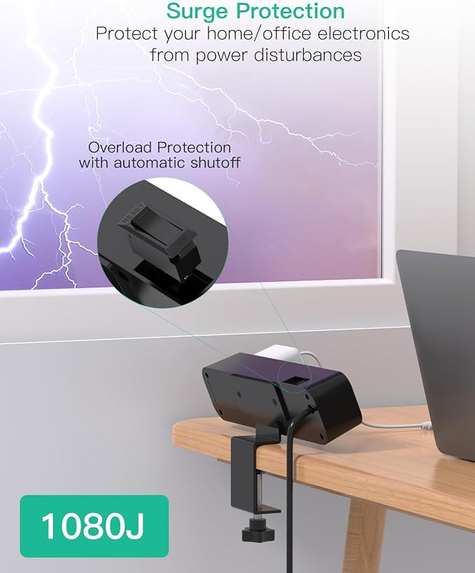 65W USB C Desk Clamp Power Strip, 8-in-1 Desktop Mount Surge Protector with 4 AC Outlets 2 USB-C & 2 USB-A Ports, PD 65W Fast Charging Station, 5Ft Extension Cord, Desk Edge Mount for Home, Black