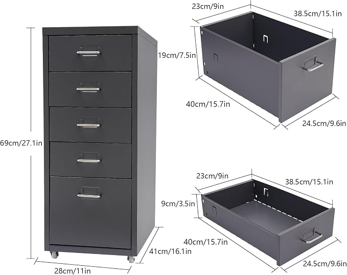 Metal Filing Cabinet with Wheels, 5 Drawers Mobile Storage Cabinet Small Printer Stand Vertical Organizer for Home Office