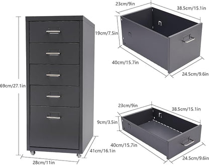 Metal Filing Cabinet with Wheels, 5 Drawers Mobile Storage Cabinet Small Printer Stand Vertical Organizer for Home Office