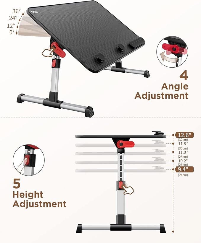 SAIJI Laptop Bed Tray Table, Adjustable Home Office Standing Desk Portable Lightweight Foldable Lap Desk for Sofa Couch Floor Working Studying Reading Writing Eating,Fit Up to 17" Laptop(Large，Black)