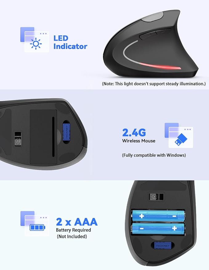 TECKNET 2.4G Ergonomic Mouse Vertical Wireless - 4800 DPI Optical Carpal Tunnel Mouse Right Hand, 5 Adjustable DPI, Quiet Clicks, 6 Buttons for Laptop, Desktop, PC, Computer - Black