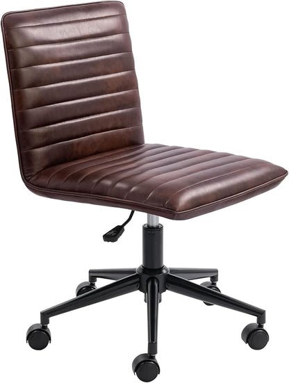 Furniliving Leather Home Office Chair, Armless Vanity Desk Task Chair with Wheels 360° Swivel Computer Rolling Desk Chair with Back, Adjustable Accent Chair with Base Stool