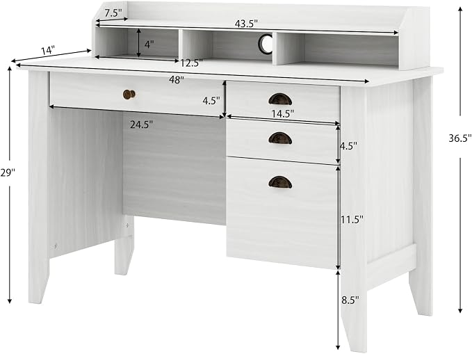 48" Computer Desk with 4 Storage Drawers and Hutch Wood Executive Table for PC Laptop