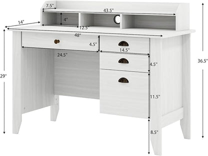 48" Computer Desk with 4 Storage Drawers and Hutch Wood Executive Table for PC Laptop