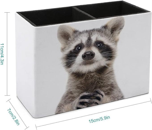 Niapessel Pencil Holder for Desk, Cute Funny Raccoon Pen Holder Storage Desktop Pen Organizer Desk Pencil Organizer Makeup Brush Holder for Office School College Leather