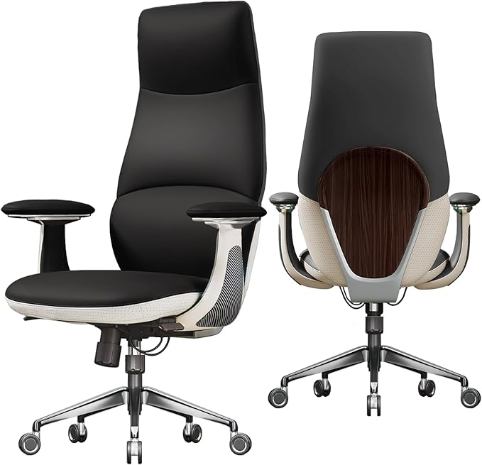 Ergonomic Genuine Leather Office Chair, Executive Chair with Tilt Adjustable High Back and Lumbar Support, 400lbs Weight Capacity Metal Base with 360° Flexible Wheels (New Black)