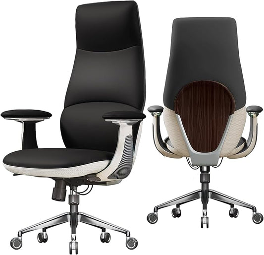 Ergonomic Genuine Leather Office Chair, Executive Chair with Tilt Adjustable High Back and Lumbar Support, 400lbs Weight Capacity Metal Base with 360° Flexible Wheels (New Black)