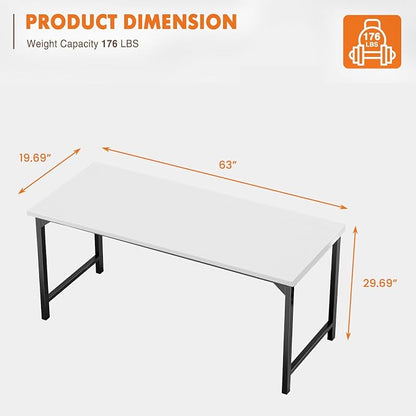 Sweetcrispy Small Computer Desk, 63" Office Writing Desk with Metal Frame & Wooden Top, X-Shaped Reinforcement, Student Study Home Bedroom Table, White