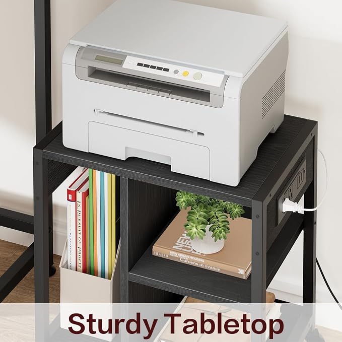 GarveeLife Small Printer Stand with Power Outlets, Rolling Printer Table with Lockable Wheels, Under Desk Printer Cart with Storage, Utility Storage Cart for Home, Office, Black