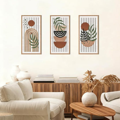 IARTTOP Boho Mid-century Modern Wood Wall Art 8x16 Inch Framed Bohemian Abstract Wooden Wall Decor Set of 3 Minimalist Orange Leaf Wall hanging for Living Room Bedroom Office