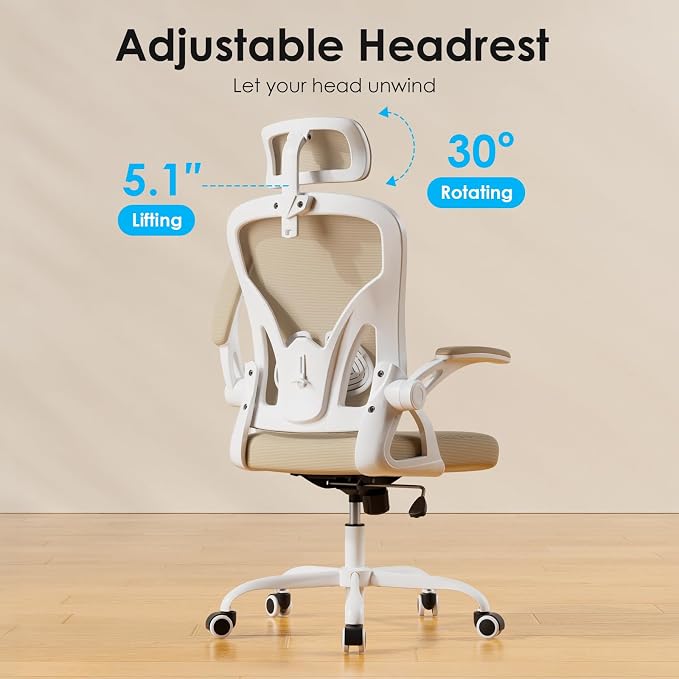 Farini Ergonomic Office Chair, Home Office Desk Chair with Headrest, High Back Swivel Computer Chair with Armrests and Adjustable Lumbar Support for Home Office Study Room, White & Khaki