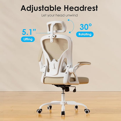 Farini Ergonomic Office Chair, Home Office Desk Chair with Headrest, High Back Swivel Computer Chair with Armrests and Adjustable Lumbar Support for Home Office Study Room, White & Khaki