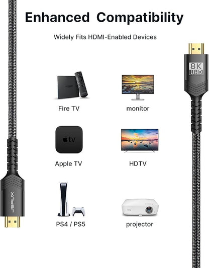 JSAUX 8K HDMI Cable 2.1 2 Pack 6ft, 48Gbps Ultra High Speed HDMI Cable Braided Cord (4K@144Hz, 4K@120Hz, 8K@60Hz) HDCP 2.2&2.3 HDR 10 eARC ARC, Compatible with Switch 2/PS5/Laptop/Monitor/HDTV/-Black