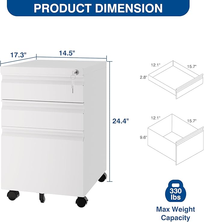 Fesbos 3 Drawer Mobile Metal File Cabinet, White Filling Cabinets with Lock, Office Storage File Cabinet with Wheels Under Desk - Assembled Required