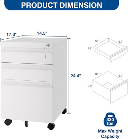 Fesbos 3 Drawer Mobile Metal File Cabinet, White Filling Cabinets with Lock, Office Storage File Cabinet with Wheels Under Desk - Assembled Required