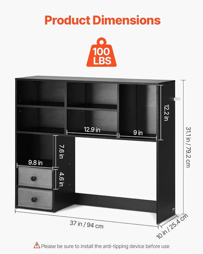 VEVOR 3-Tier Desktop Storage Organizer, 37" x 10" x 31.1" Office Storage Rack Wood Display Shelf, Desktop Bookshelf Hutch with 2 Fabric Drawers, for Office, Home & Dorm, Black