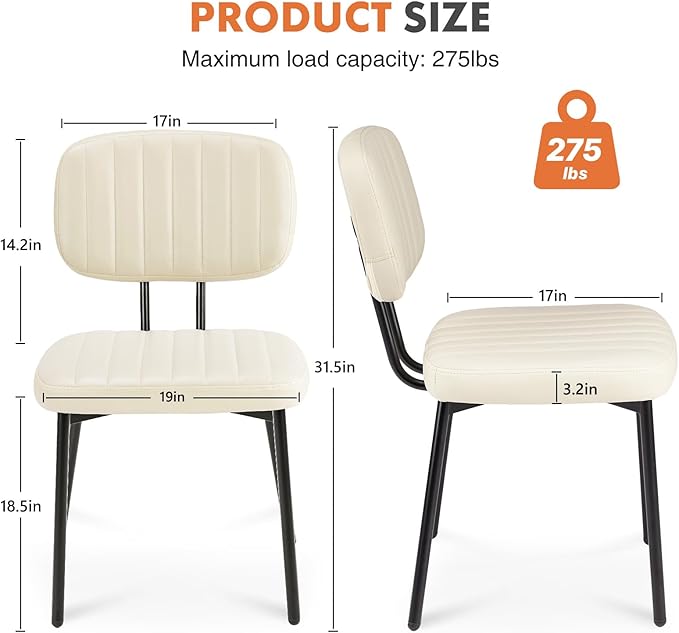 Sweetcrispy Dining Chairs Set of 2, Upholstered Mid Century Modern Kitchen Accent Chairs with Faux Leather Cushion Seat & Metal Legs for Home Office, Living Room-Beige White
