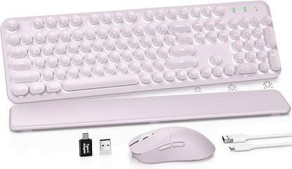 Wireless Keyboard and Mouse Combo, Backlit Round Keycaps, Retro Typewriter Keyboard with Magnetic Wrist Rest, USB-C Rechargeable & Tilt Legs, 2.4GHz Cordless for Mac Windows PC (Glowing Pastel Purple)