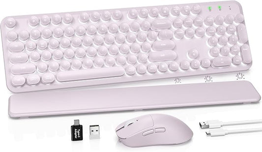 Wireless Keyboard and Mouse Combo, Backlit Round Keycaps, Retro Typewriter Keyboard with Magnetic Wrist Rest, USB-C Rechargeable & Tilt Legs, 2.4GHz Cordless for Mac Windows PC (Glowing Pastel Purple)
