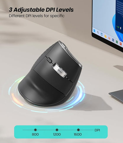 Nulea M510 Vertical Mouse Wireless, Ergonomic Mouse for Comfy Tracking, 3 Adjustable DPI (800-1200-1600), 2.4G Wireless Vertical Mouse with 6 Buttons, Compatible with Windows, Mac OS, Laptop, PC, Grey