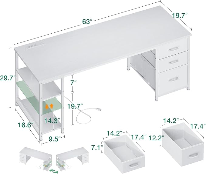 AODK 63 Inch Computer Desk with Drawers & USB Power Outlets, Reversible Home Office Desk with Storage Shelves, Work from Home, Modern Work/Writing/Study Table for Bedroom, White