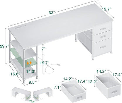 AODK 63 Inch Computer Desk with Drawers & USB Power Outlets, Reversible Home Office Desk with Storage Shelves, Work from Home, Modern Work/Writing/Study Table for Bedroom, White