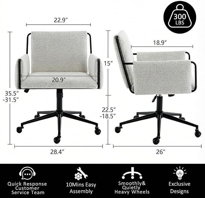 YOUNIKE Wide Seat Home Office Chair with Arms Modern Desk Chair with Wheels Fabric Vanity Chairs with Comfy Back Cross Legs Adjustable Swivel Rolling Computer Task Chair for Study Bedroom Makeup Beige
