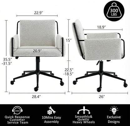 YOUNIKE Wide Seat Home Office Chair with Arms Modern Desk Chair with Wheels Fabric Vanity Chairs with Comfy Back Cross Legs Adjustable Swivel Rolling Computer Task Chair for Study Bedroom Makeup Beige