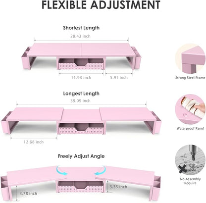 OPNICE Desk Organizers and Accessories, Dual Monitor Stand Riser with Drawer and 2 Pen Holders, Desk Shelf Metal Computer Racks for Office Workspace Organizers, Desktop Organization (Pink Metal)