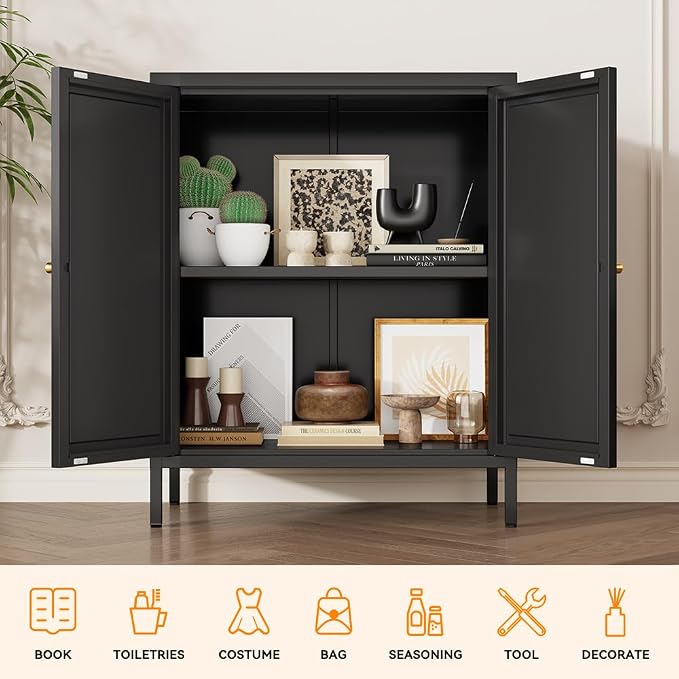2 Door Metal Storage Cabinet-Small Bathroom Storage Cabinet with 1 Adjustable Shelf,Metal Freestanding Sideboard for Home Office, Living Room, Hallway, Entryway(Square Door, Black)