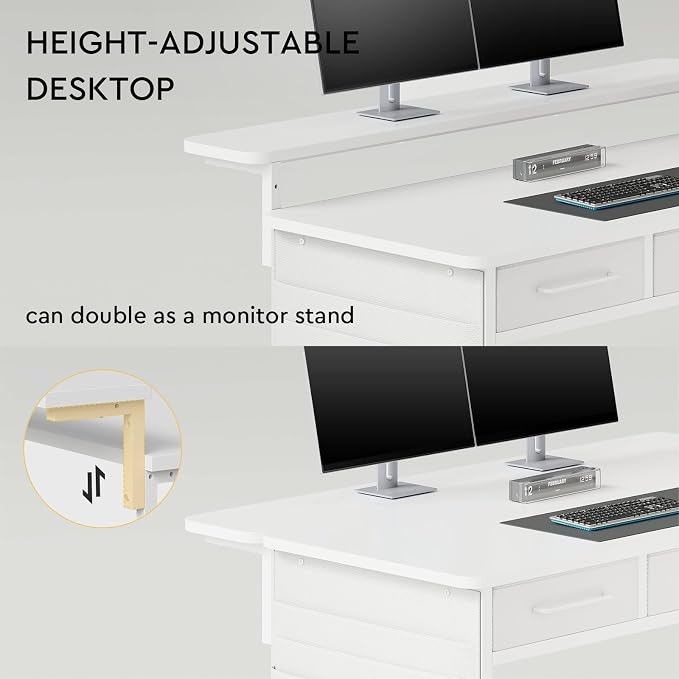 Maihail Small desk with Drawers, 31.5X15.8-22.9 Inches Office Computer Desk with Side Pocket & Ergonomic Adjustable Monitor Stand, Writing Table for Small Spaces, Kids desk, vanity desk Bedroom, White