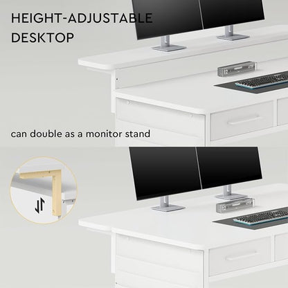 Maihail Computer Desk with Drawers, 47.2X15.8-22.9 Inches Office Computer Desk with Side Pocket & Ergonomic Monitor Stand, Writing Table for Small Spaces, Bedroom, White