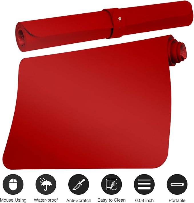 Boutilon Leather Desk Pad Protector,Non-Slip Mouse Pad,Laptop Desk Pad,Office Mouse Mat,Waterproof Leather Desk Blotter,Desk Writing Pad for Office and Home (M-Red,30"x14")