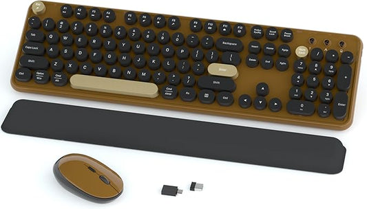 Links9+ Retro Wireless Keyboard and Mouse Combo, 104-Key Full-Size Floating Round Keycaps, 2.4G Plug & Play, USB & Type-C Ready, Ergonomic Set for Mac, Laptop, PC, Windows (Coffee-Black)