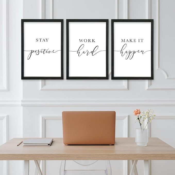 Stay Positive Work Hard Make It Happen Wall Art 16x24–3Pc Wood Frame Office | Motivational Quotes Wall Decor Inspirational Signs Black Frame Home Hanging Art