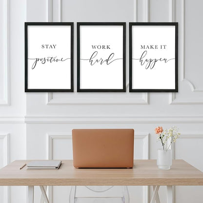 Stay Positive Work Hard Make It Happen Wall Art 11x16–3Pc Wood Frame Office | Motivational Quotes Wall Decor Inspirational Signs Black Frame Home Hanging Art