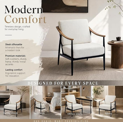 RNKSFX Modern Accent Chair for Living Room Bedroom Mid Century Arm Chair Upholstered Office Accent Chair Comfy Waiting Room Chair with Metal Frame, Cream White