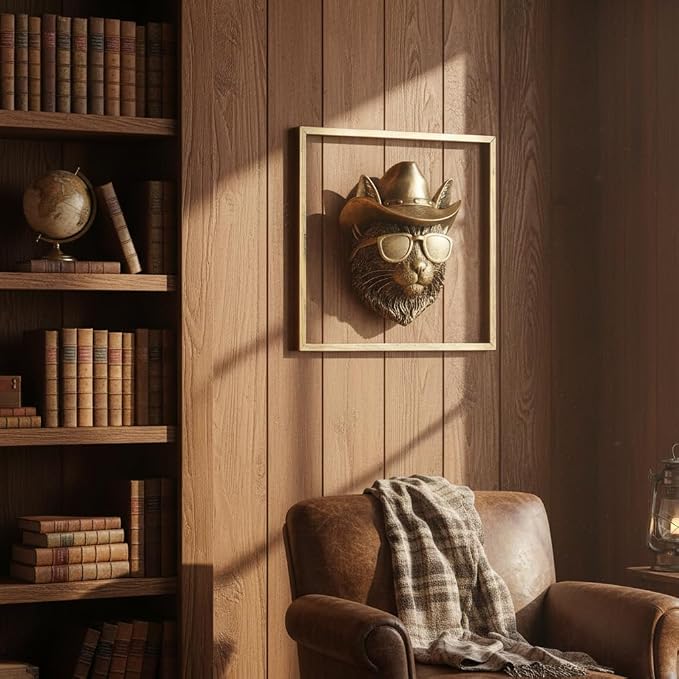 Newinhome Animal Heads Wall Decor (Includes Metal Frame) Resin Animals Sculptures Head Wall Hanging Decoration Gold vintage Wall Sculpture for Living Room Bedroom Office(Bobcat)