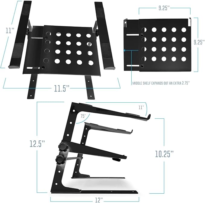 AxcessAbles Two-Tier Adjustable DJ Stand with Clamps | for DJ Controllers, Music Mixers, Laptops up to 20lbs.| DJ Controller Stand Compatible with DDJ-REV1, DDJ-FLX4 (LTS-03 Black)