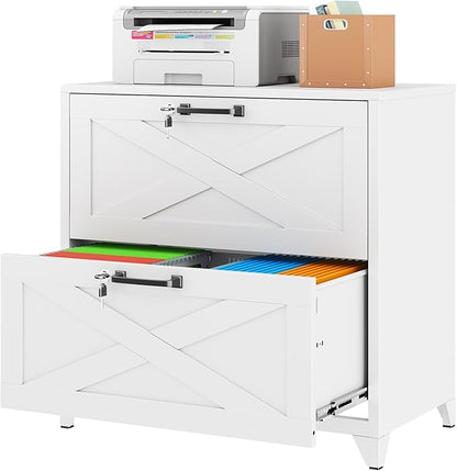 Farmhouse File Cabinet with Lock, Lateral File Cabinet with 2 Large Drawer for Letter/Legal/A4 Hanging Files,File Storage Cabinets Printer Stand for Home Office School, White