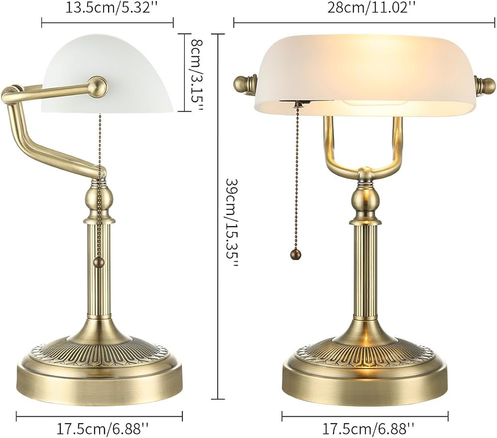 White Matted Glass Bankers Desk Lamp,Plug in | Pull Chain Switch Fixture