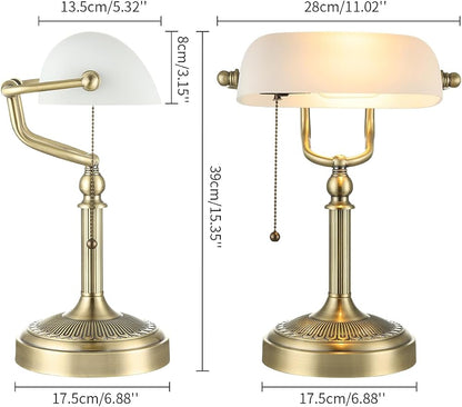 White Matted Glass Bankers Desk Lamp,Plug in | Pull Chain Switch Fixture