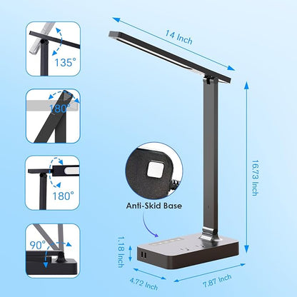 LAOPAO Desk Lamp with USB Charging Port: Power Strip with Surge Protection - 1 Type-C, 1 USB-A Charging Port, 2 AC Power Outlets, Desk Lamps for Home Office College Dorm Room Essentials